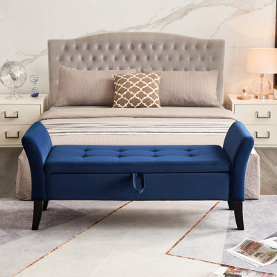 Banc de lit 51,5 po en velours bleu marine avec rangement - Chaussure de chambre élégante et polyvalente