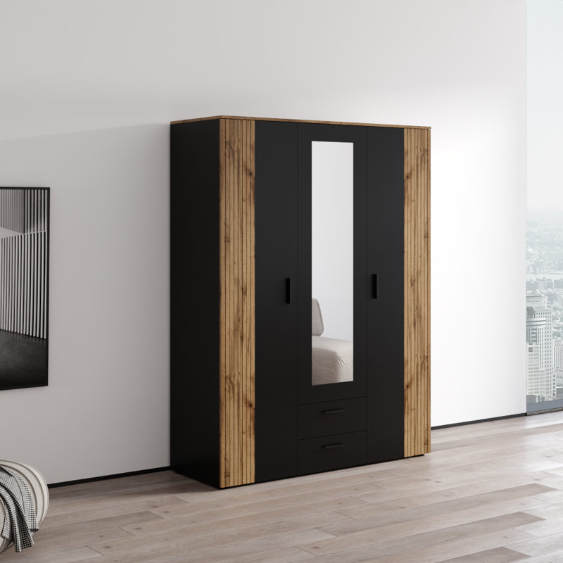 Armoire 3 portes avec miroir et tiroirs Cadix, armoire de 59 pouces de large avec tringle et tablettes, Black