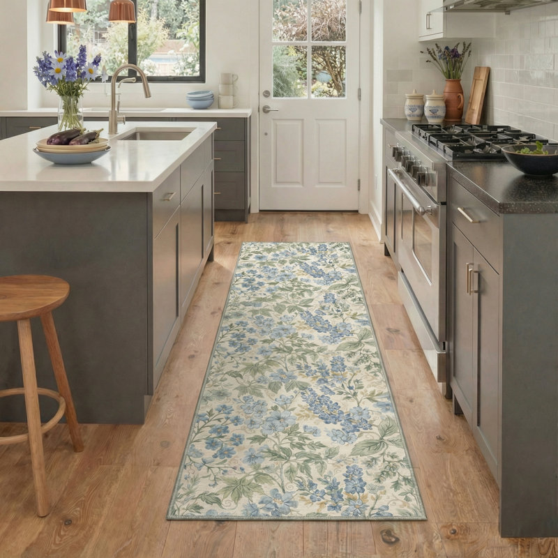 Aura Floral Machine Washable Blue/Beige/Green Indoor Area Rug With Non-Slip Backing, Runner 2' x 7', Blue/Green