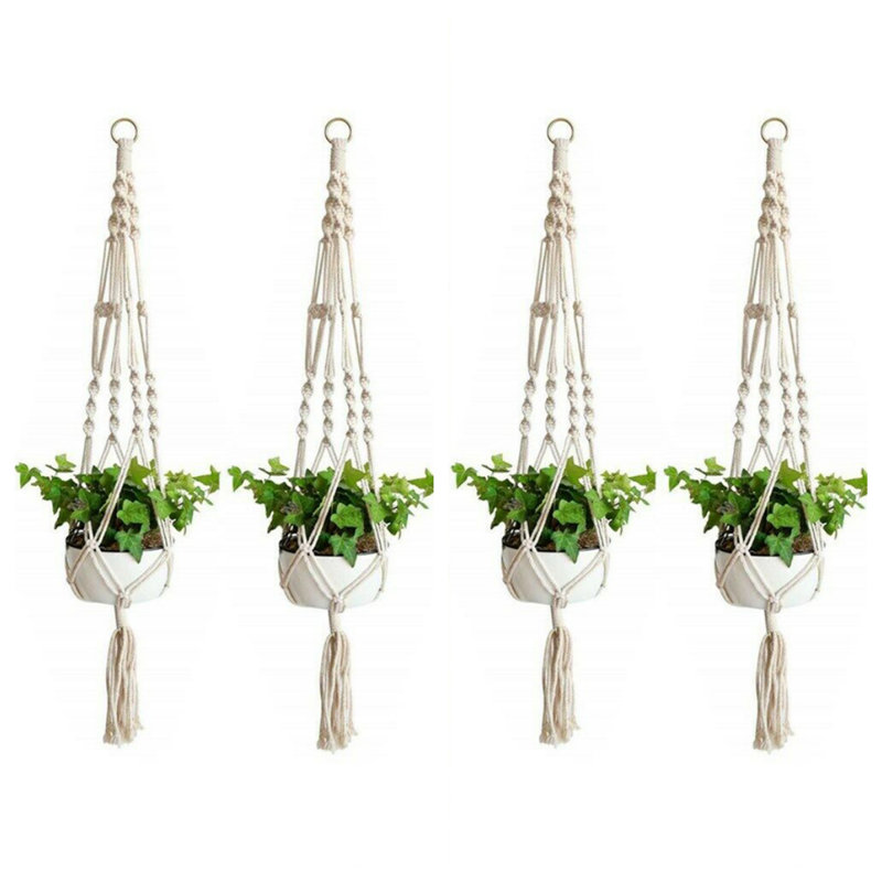 Ensemble de 4 cintres de jardin suspendus en corde de coton tissée à la main avec pot de fleurs et pampilles, 41 po, beige