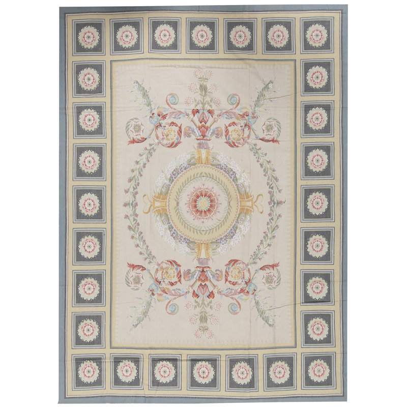 Tapis ivoire et gris noué à la main de haute qualité