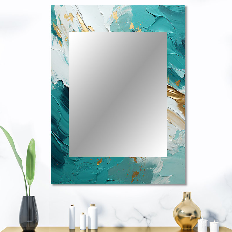 Golden Morning Glory Painting Gold On Teal - Midcentury Modern Mirror, Modern Decorative Wall Mirror, Printed Metal Art