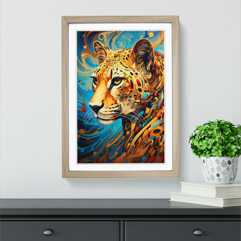 Cheetah Orphism - Single Picture Frame Print on Wood, 34cm H x 25cm W x 2cm D, Oak Framed