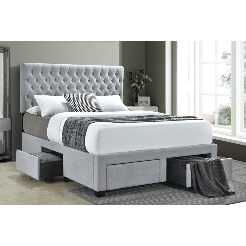 Lit plateforme tapissier avec rangement Sandip, Gris clair, Grand