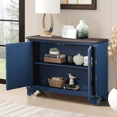 40" Retro Console Table With Adjustable Storage Setup, For Living Area. Navy Blue & Brown. Solid Wood Base. Spacious Work Surface Removable Shelf Foyer, And Brown