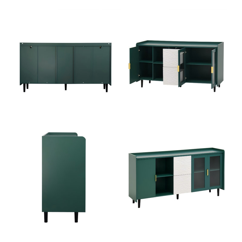 Armoire de rangement Modern Kitchen Pantry, table de buffet en bois vert de 55 po avec portes en verre, 2 tiroirs et compartiments ouverts pour le bar, le salon et la salle à manger