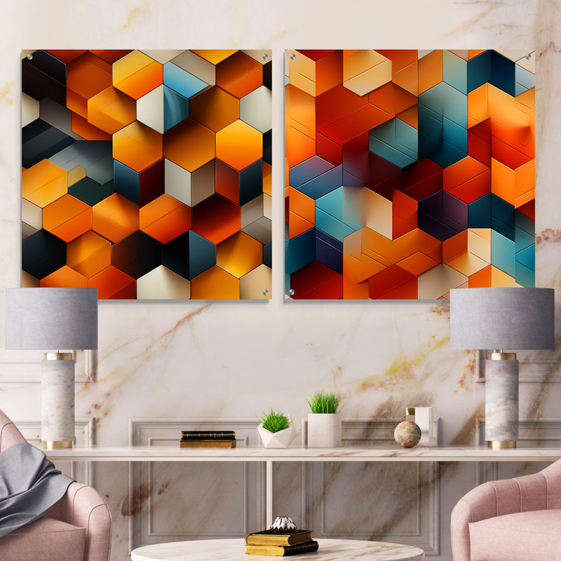 Carreaux chromatiques - Ensemble de 2 verres muraux géométriques abstraits en acrylique, H 16 po x l 33 po