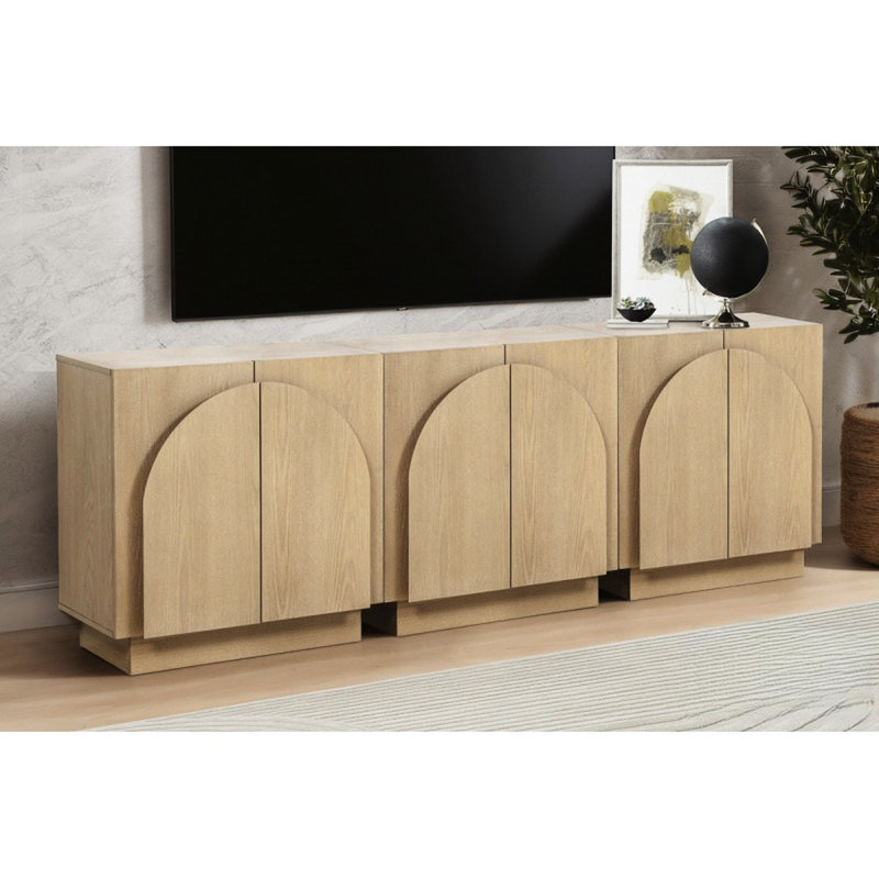 Chêne de style Mid-Century moderne pour les espaces de vie principaux, portes d'armoires arquées, buffet ou salle à manger à bords arrondis, couleur, design