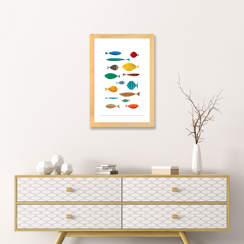 Poisson - imprimé, Blanc, H 24 po x l 16 po x P 1 po, Papier avec cadre beige
