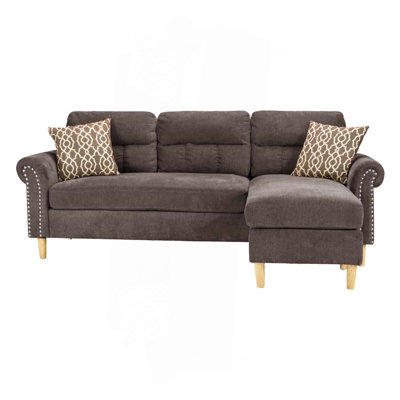 Tan Color Polyfiber Reversible Sectional Sofa Set Chaise Pillows Plush Cushion Couch Nailheads