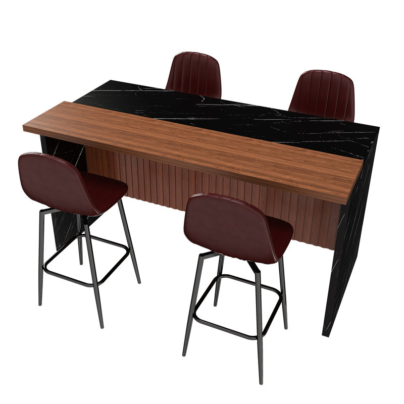 Ensemble d'îlot de cuisine 63 pouces avec éclairage à DEL et 4 tabourets de bar brun foncé - table de salle à manger en marbre noir pour espaces ouverts