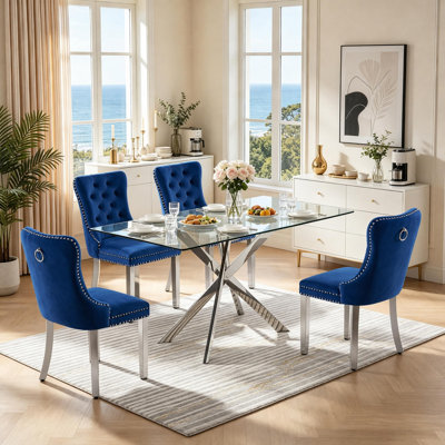 Ensemble de salle à manger 5 pièces en verre, comprenant une table rectangulaire de 130 cm et 4 chaises rembourrées, idéal pour la cuisine et la salle à manger.