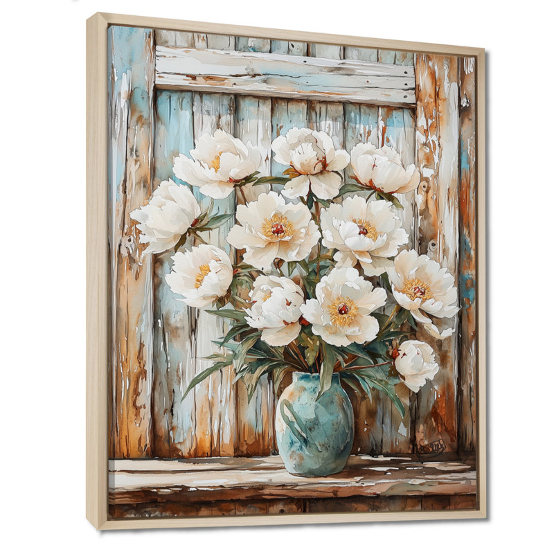 Décoration murale pivoines par la porte de grange IV - pivoines, H 44 po x l 34 po, Reproduction avec cadre flottant