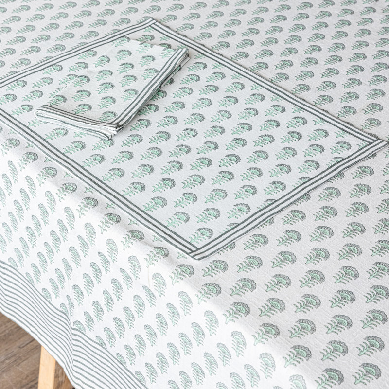 Hand-Screened Green Flower Cotton Rectangular Tablecloth