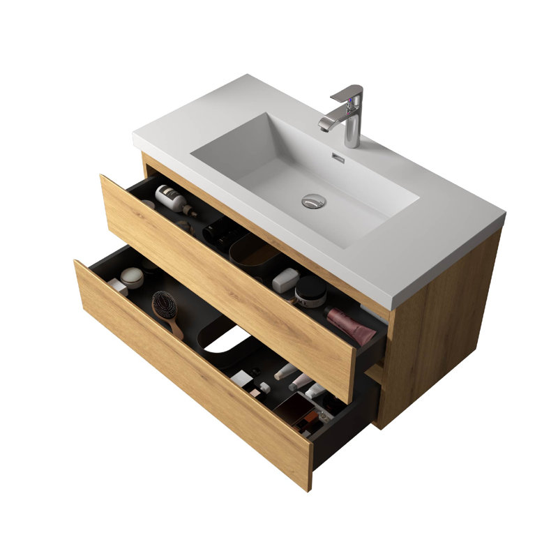  Meuble-lavabo mural simple de 42 po avec dessus en pierre de résine blanc brillant pour petits espaces, maison, 42"