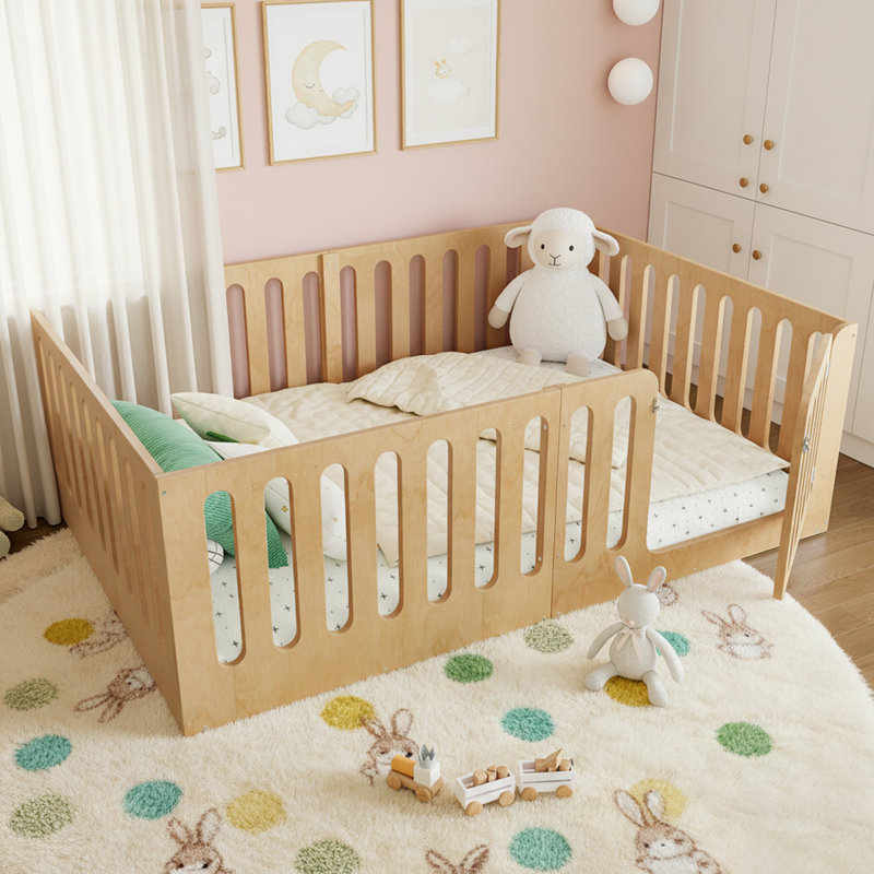 Floor Bed With High Fence For Kids, Solid Wood Montessori Design, No Box Spring Needed, Natural, Full