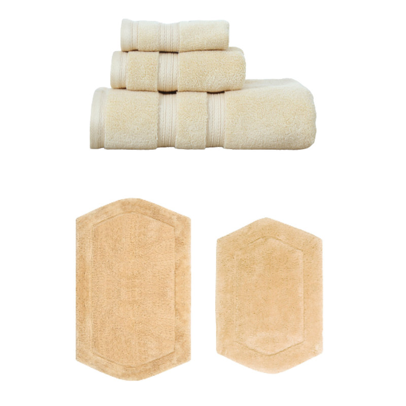 Ensemble de serviettes de bain 3 pièces et 2 tapis de bain 2 pièces Waterford, corail, Jaune