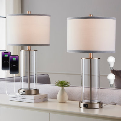 Quinita 23"  Glass Table Lamp Set with Touch Control,  LED Bulbs, USB Ports
