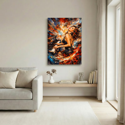 Piano Player Woman Canvas Wrapped Wall Art Music Notes Abstract Artwork (Set Of 1)
