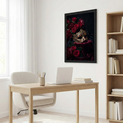 Art mural sur toile noir encadré pour le salon, la chambre à coucher, le bureau ou le vestibule - décoration murale décorative avec masque roses