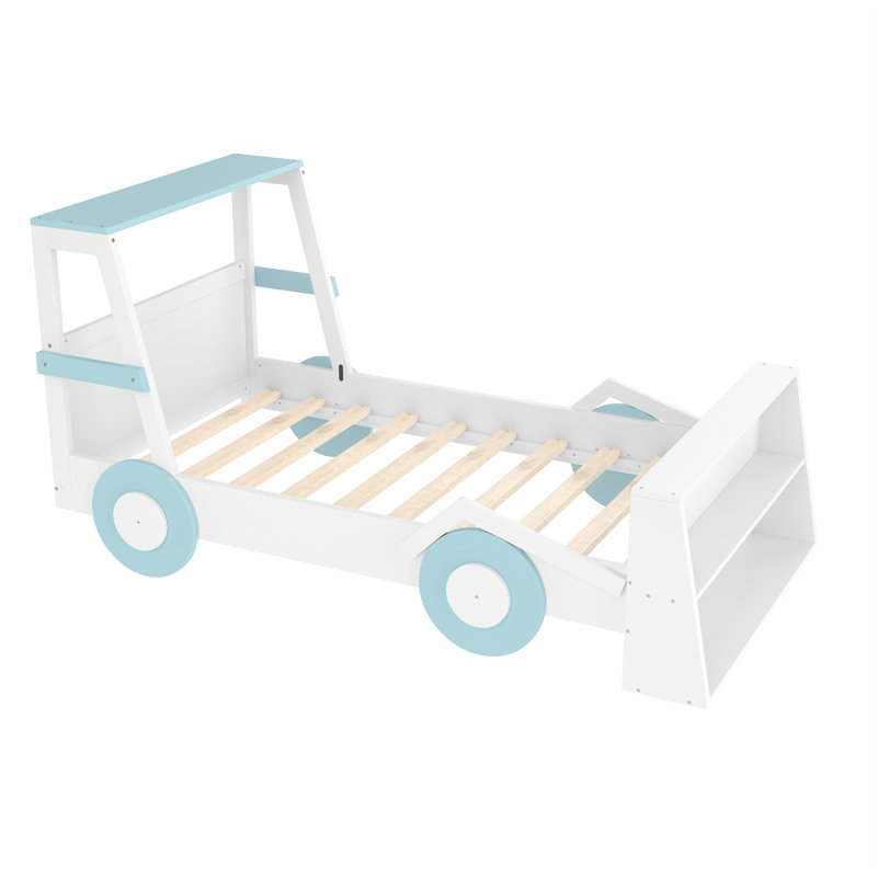 Lit voiture simple avec tablettes de rangement, lit plateforme pour enfants avec une jolie forme de voiture, design enfantin, bleu et blanc