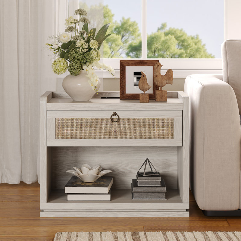 Table d'appoint moderne en rotin de 79 cm avec tiroir de rangement, table de chevet de style ferme pour salon ou chambre à coucher