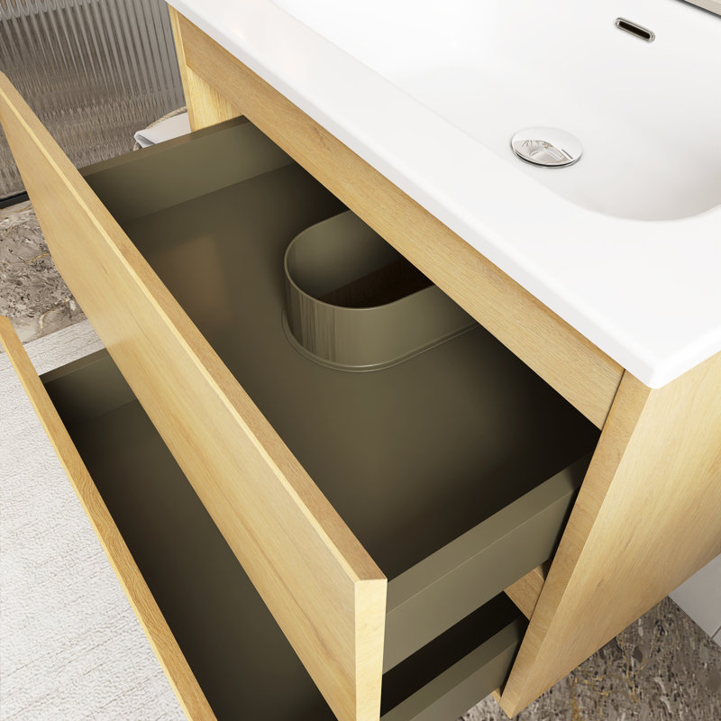 Meuble-lavabo mural 24 po avec lavabo en céramique et trois trous de robinet, Chêne naturel
