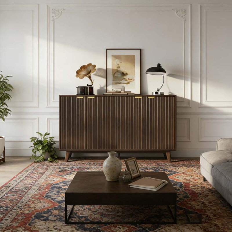 Commode pratique, armoire à buffet cannelée avec portes et tablettes réglables, Gris foncé