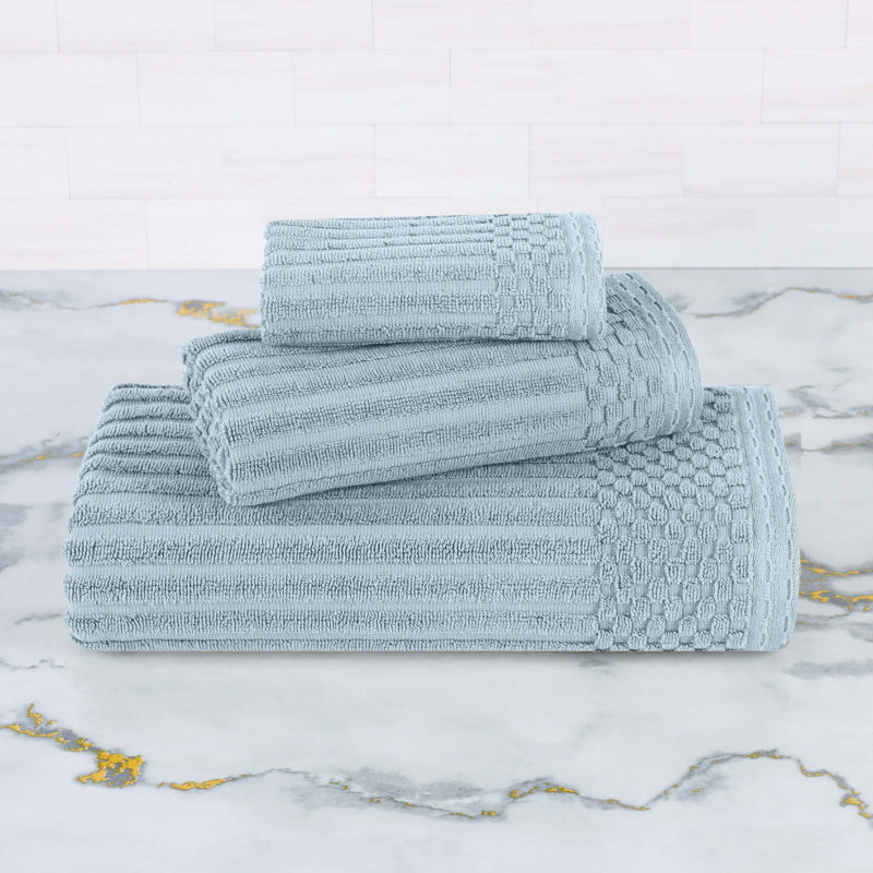 Collection de serviettes à bordure à carreaux en coton 3 pièces Soho Spa, Bleu ardoise, Ensemble de serviettes 3 pièces