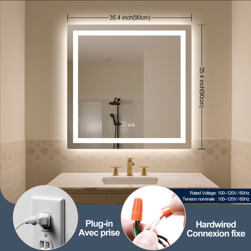 Miroir de salle de bain avec lumières, luminosité réglable, 3 couleurs, antibuée, contrôle tactile, à brancher