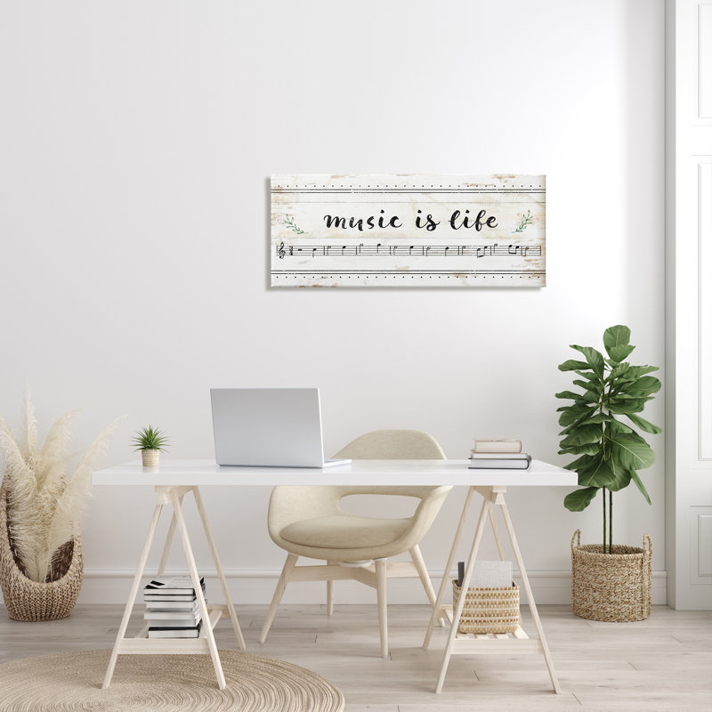 «Music Is Life», papier de composition avec notes en noir et blanc, Toile tendue, L 17 po x H 40 po