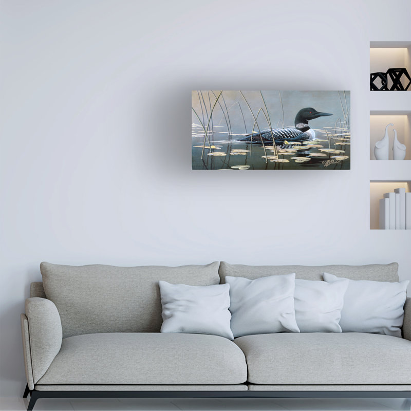 Art mural sur toile tendue - «Loon In Reeds» de Wilhelm Goebel pour décoration de salon, de chambre à coucher ou de bureau - 16 x 32