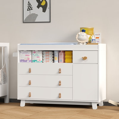 Commode pour bébé avec plateau à langer, commode pour table à langer avec 4 tiroirs et tablettes réglables, table à langer multifonctionnelle, rangement pour chambre d'enfant, blanc