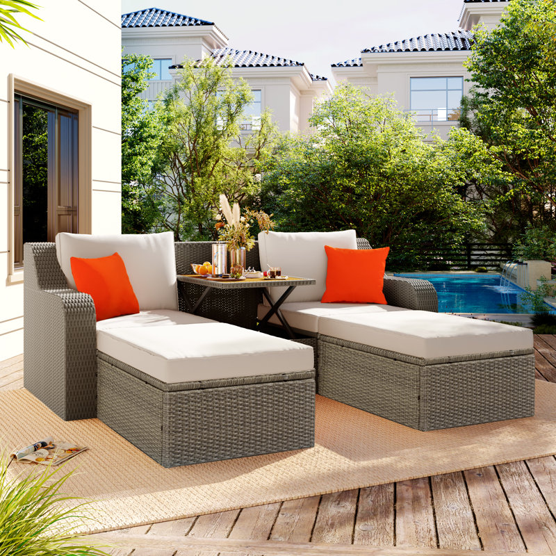 Canapé d'extérieur en rotin 3 pièces avec repose-pieds LaGrange, Beige