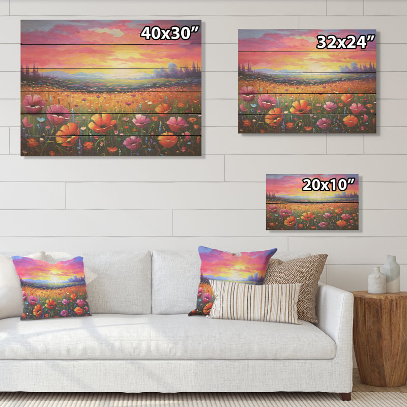 «Calming Pastel Horizon Flowers Fields I», art mural en bois sur bois de pin naturel, H 10 po x l 20 po