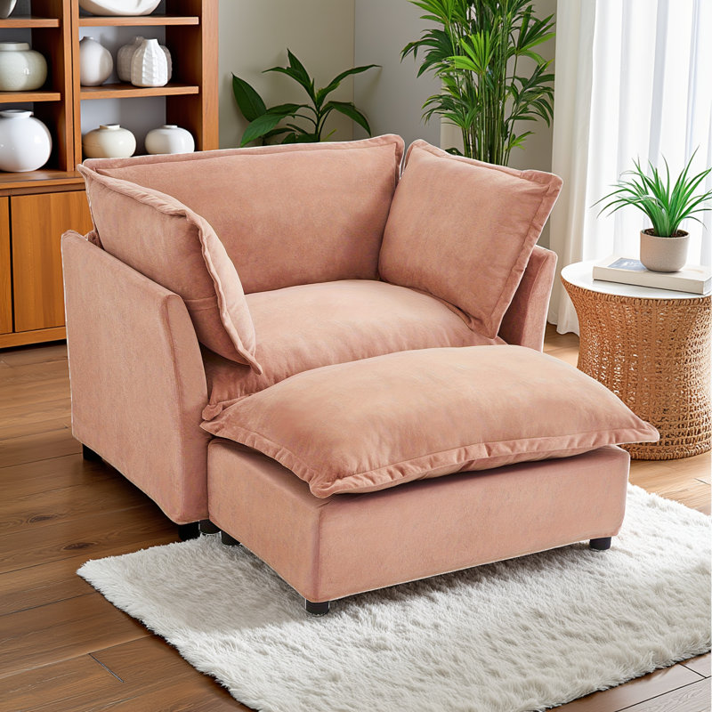 Upholstered Accent Chair With Ottoman, Pink