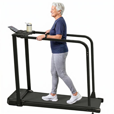 Walking Pad with Long Handrails for Seniors - Compact Treadmill with Incline for Home, Recovery Machine with Wheels, Remote Control, LED Display, Cup & Phone Holder