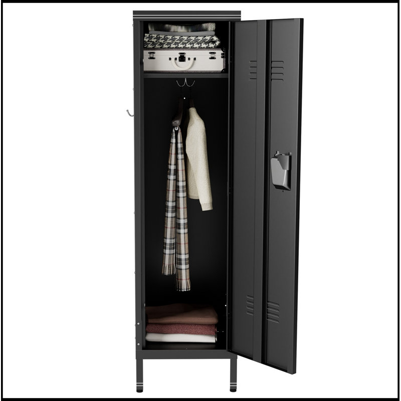 Armoire de bureau en métal avec porte ventilée, serrure et crochets latéraux, Black