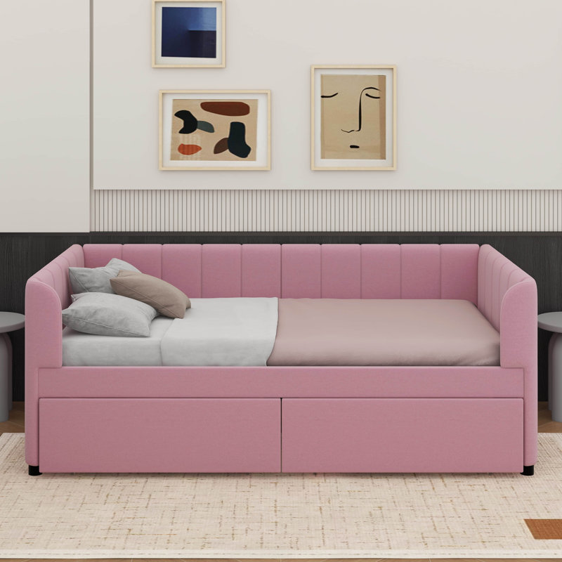 Lit de jour simple tapissier avec 2 tiroirs, Rose