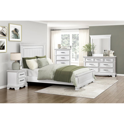 White Finish Elegant Queen Size Bed Frame Beautiful Panel Details Wooden Bedroom Furniture 1Pc
