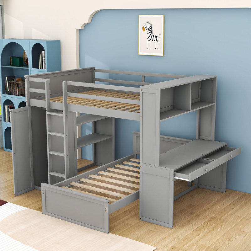 Lit mezzanine en bois 2 tiroirs avec bureau intégré, tablettes et garde-robe, Grey, Double