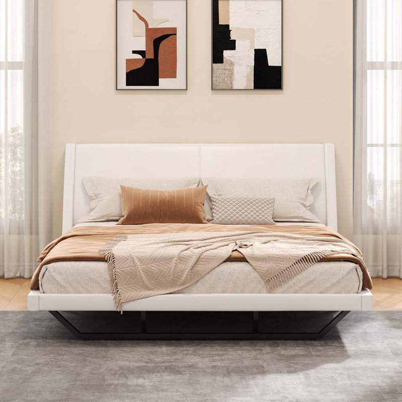 Pu Leather Upholstered Bed Frame, White, Queen