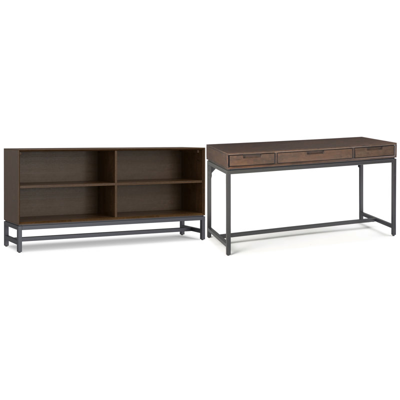 Wilmington Solid Wood Industrial 60 Inch Wide Desk With 64 Inch Wide 4 Cubbie Low Bookcase In Walnut Brown (set Of 2)