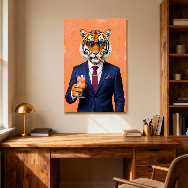 Animaux tigrés en costume tenant un cocktail, H 40 po x l 28 po