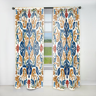 Mediterranean Tiles In Retro Blue VII - Abstract Velvet Curtain - 1 Panel
