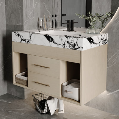 Meuble-lavabo contemporain de 29,9 po avec comptoir en pierre frittée, lavabo en céramique, pour espaces compacts et surface ultra-moderne facile à nettoyer, fixation murale, articles de toilette Smart Storage Essentials