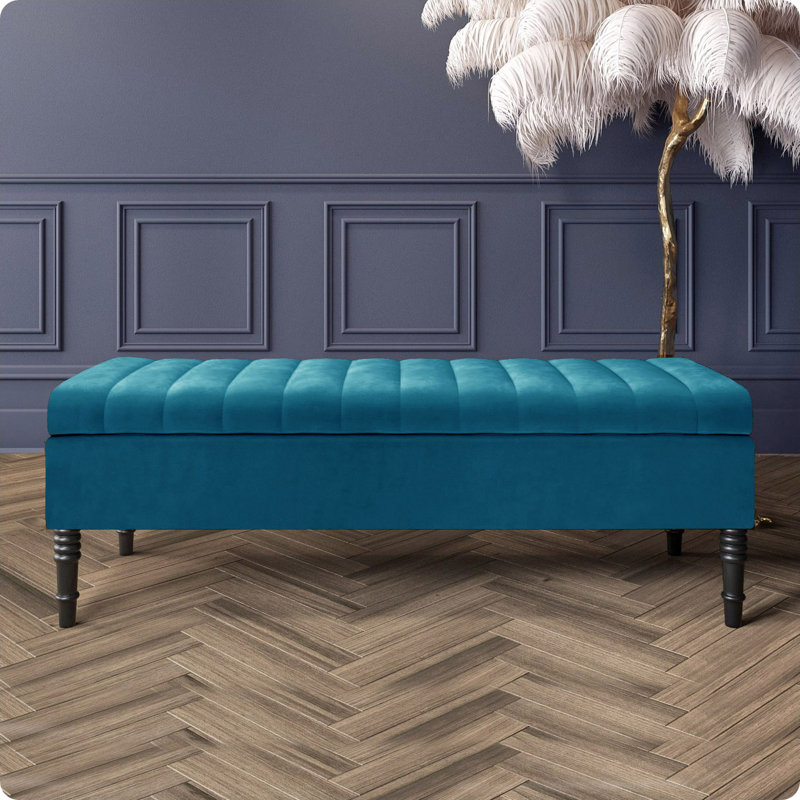 Safar Striped Ottoman Storage Bench – Upholstery Plush Velvet Shoe Bench with Black Turned Wooden Legs, Emerald Green