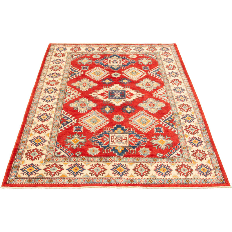 Tapis décoratif en laine rouge/beige/bleu de conception unique 6 pi 2 po x 9 pi 1 po noué à la main New Age Finest