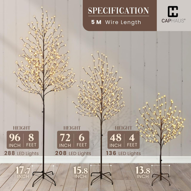Ensemble de 3 pièces de fleurs de cerisier artificielles pré-éclairées 4/6 / 8pi avec lumières DEL, arbre de fleurs de cerisier japonais éclairé 48/72/96 pouces