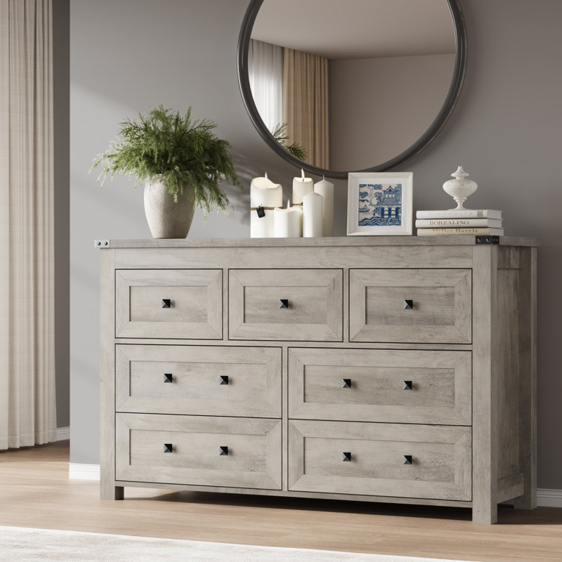 Commode double 7 tiroirs, commode en bois l 47,3 po de largeur pour chambre à coucher, Gris / Noir